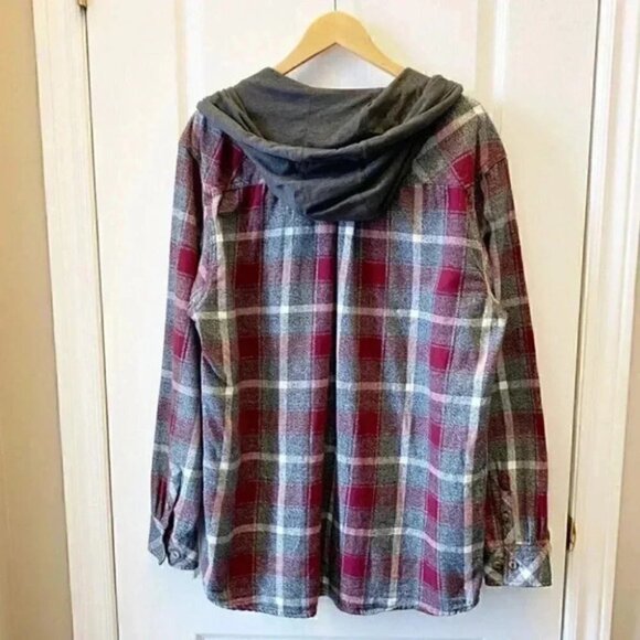 KOLBY Mens Flannel Shirt Button Up Shacket Hoodie Burgundy Grey Plaid Large - Picture 6 of 16